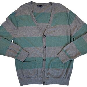 Gap Button Cardigan Sweater Mens XL Gray Green Striped Preppy Drk Academia Rugby